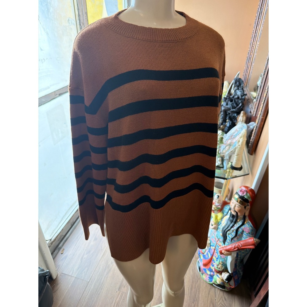 KIRUNDO‎ Rust Brown Black Striped Oversized Crewneck Sweater Side Slit Small